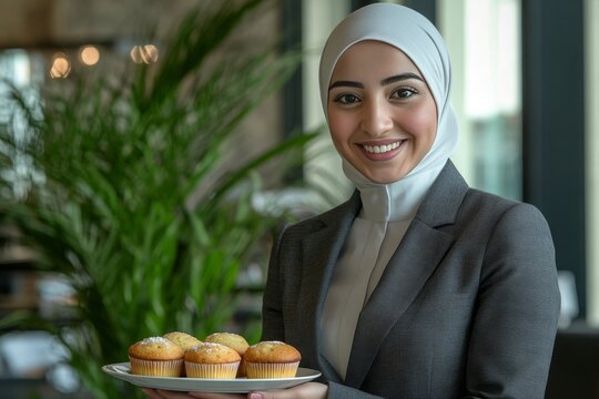 Young muslim waitress wearing hijab carrying plate of delicious muffins in modern cafe