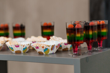 Colorful Dessert Display with Layered Jelly and Sweet Treats
