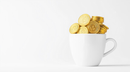 White mug filled with golden coins symbolizing financial wealth, savings, investment, economic growth, business income, profit accumulation, money collection, and currency wealth on minimal background