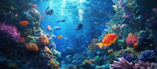 Obraz premium Vibrant coral reef with colorful fish swimming in clear blue water.