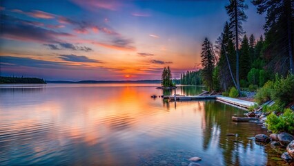 Fototapeta premium Serene Sunset Reflection on Calm Lake Water