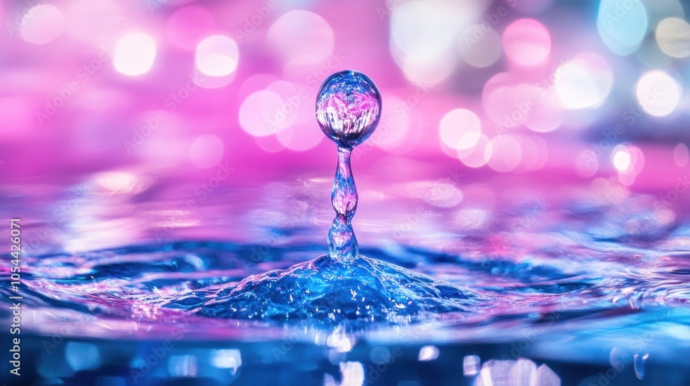 Poster a single water drop creates a splash and ripples in a pool of water, with a bokeh background of pink