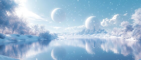 Snowy Landscape with Two Moons and a Distant City