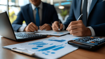 Two men in suits are working on a project