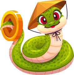 Chinese new lunar year cartoon snake character with cheerful expression, conical asian hat and gold coin on its tail, conveys joy, prosperity and celebration. Cute green reptile symbol of 2025 year