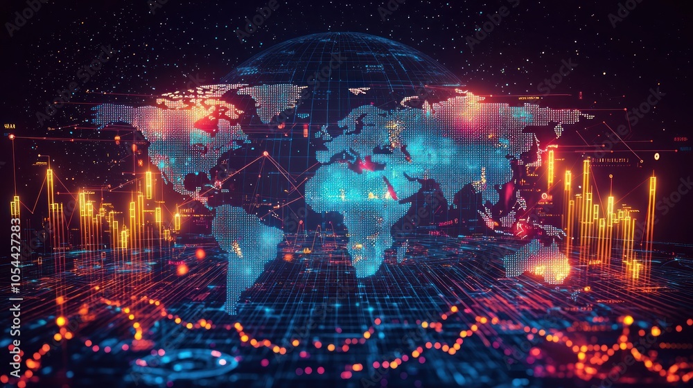 Poster a digital world map with network connections and data visualizations