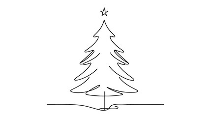 One continuous line illustration of a Christmas tree with a star on top, isolated on white background.
