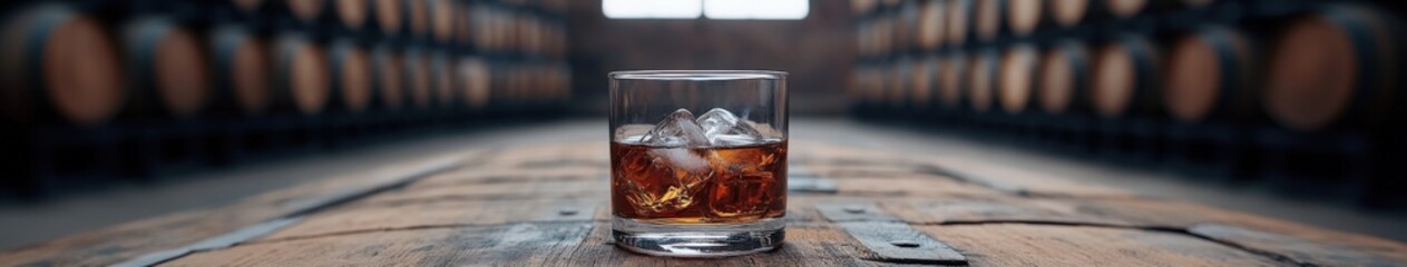 A glass of whiskey with ice on a wooden barrel in a distillery
