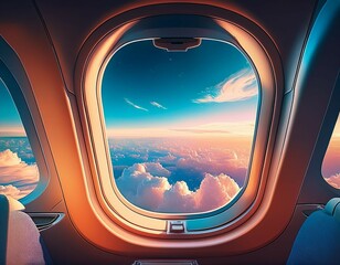Fototapeta premium airplane interior or jet window with clouds and sky