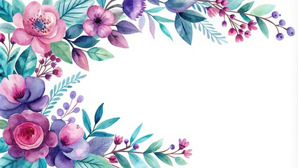 Fototapeta premium Watercolor floral corner border in purple pink blue and teal Close-Up