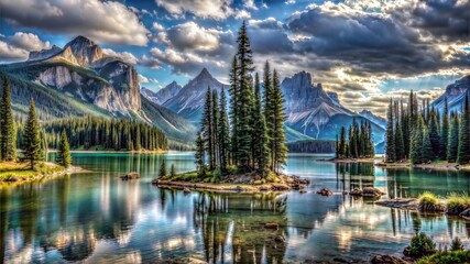 Fototapeta premium Mountain Lake Serenity with Cloudy Sky and Reflection