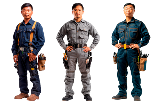 Three male construction workers in different uniforms with tools and utility belts on a transparent background. Industrial jobs, construction, repair work, and technician visuals.