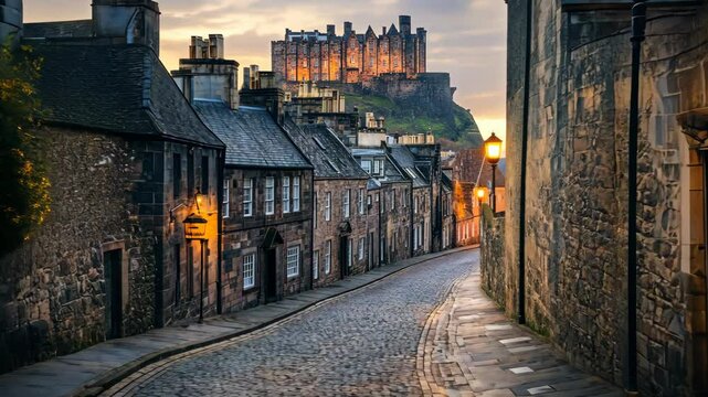 A cobblestone street winds its way up to Edinburgh Castle in the early evening