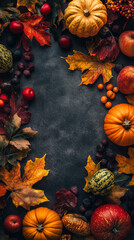 Happy Thanksgiving banner with pumpkins and autumn leaves vertical frame for instastory, reel or tiktok background