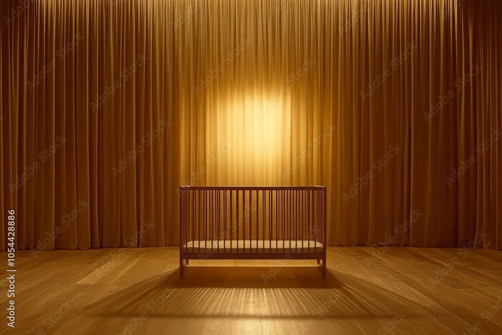 Poster minimalist room with a single crib under soft spotlight capturing simplicity elegance and calm in a 
