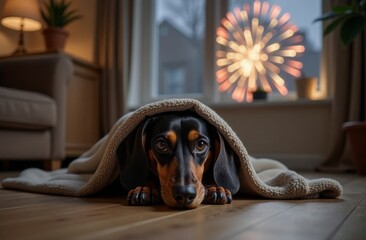 Fototapeta na wymiar The Dachshund dog is very afraid of fireworks. He is shaking with fear and crying. Please don't throw firecrackers