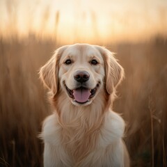 Golden retriever smiling in a sunset meadow surrounded by tall grass