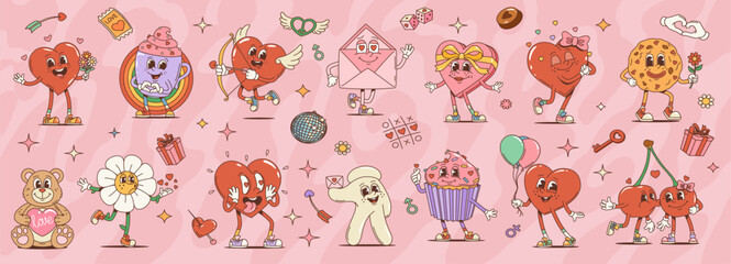 Retro cartoon valentine day groovy characters. Heart, coffee cup, envelope and gift box. Cookie, teddy bear, flower and cupcake with glove and kissing cherries. Isolated vector psychedelic personages