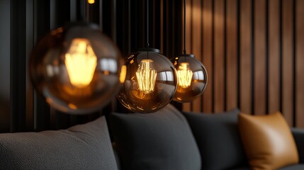 Warm light from hanging globe bulbs illuminates a cozy living room with a dark grey couch and a brown pillow.