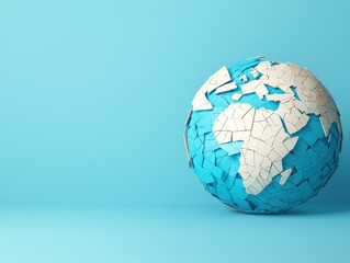 Artistic globe representation on a blue background.