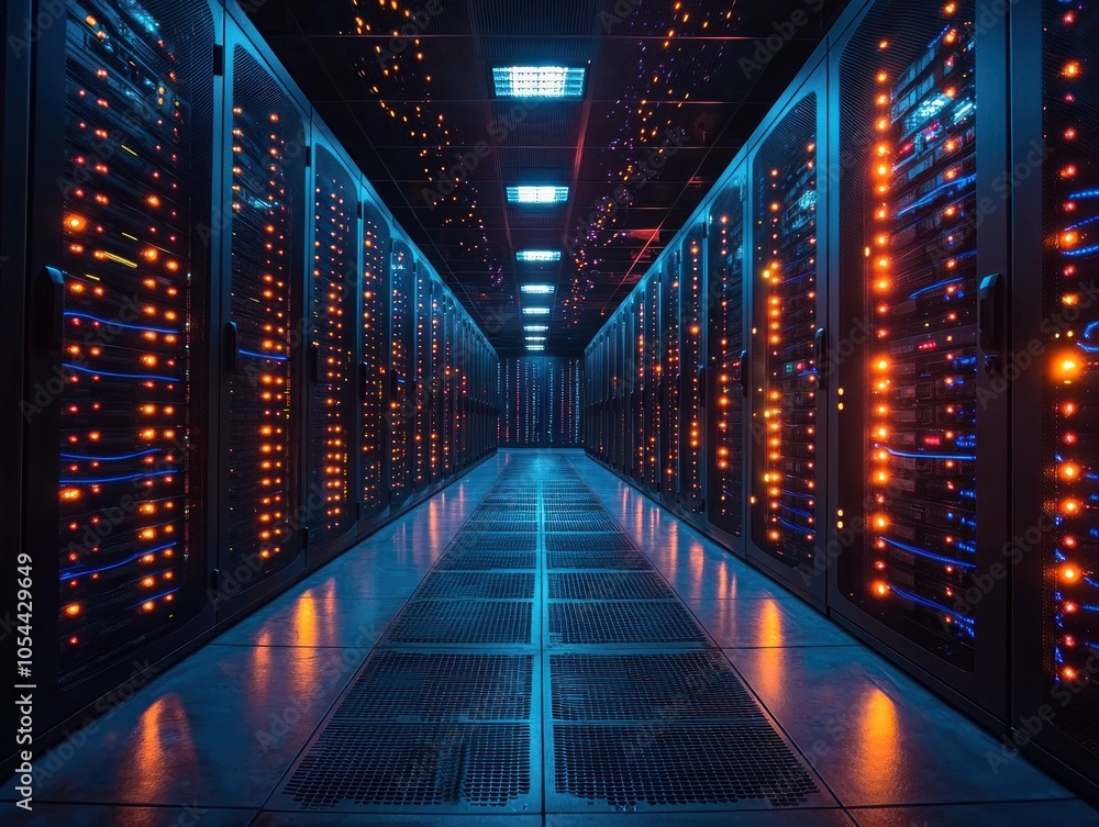 Aufkleber server room with illuminated racks and gridded floor