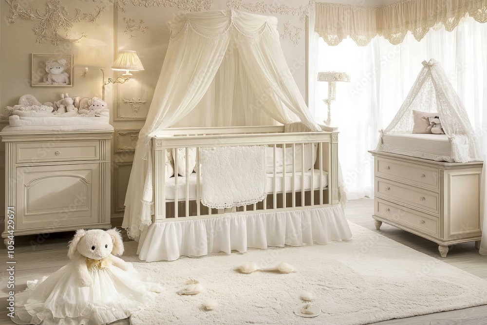 Poster elegant white nursery with canopy crib plush teddy and soft lighting creating a serene refined space