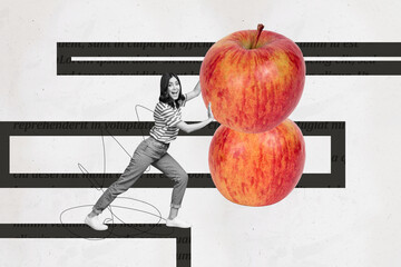 Composite creative art collage of happy girl push apple fruit detox nutrition healthy lifestyle...