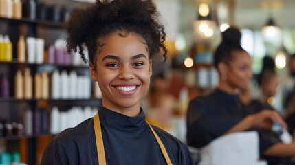 Naklejka premium Happy African American Hair Salon Stylist with Smiling Face, Students, Interns, College, Working Specialty