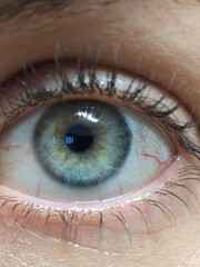 Macro close-up of a human eye with stunning detail. Vibrant green iris surrounded by intricate...