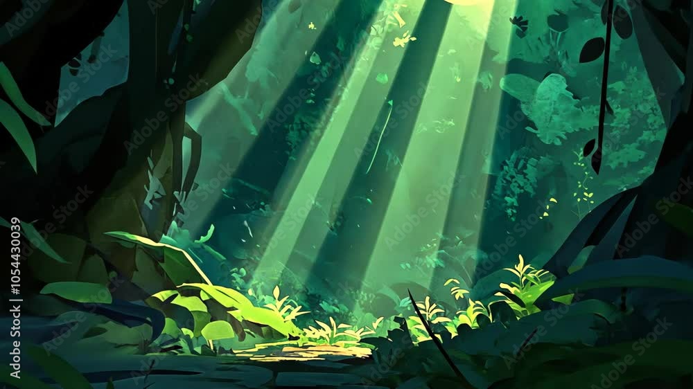 Aufkleber sunlight streams through the trees in a lush green forest, illuminating a path leading deeper into t