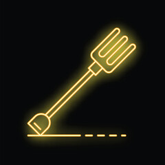 Yellow neon sign of garden fork digging ground line icon on black background