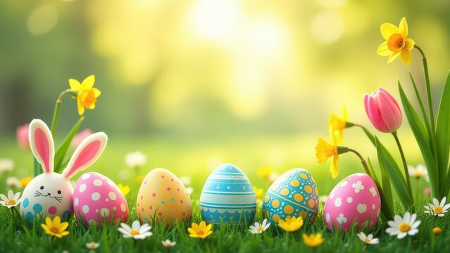 Easter background, include colorful decorated Easter eggs with bunny ears, spring flowers (tulips and daffodils). copy space in the middle, horizontal