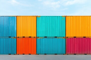 Colorful shipping containers stacked in a modern urban environment.
