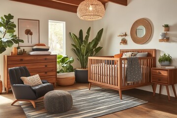Rustic nursery with woven textures indoor plants and warm earthy tones creating a grounded inviting space that blends nature with family warmth and comfort