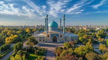 Fototapeta premium Khazrati Imam Mosque, part of the sacred Hazrati Imam religious complex, stands prominently in Tashkent, Uzbekistan.