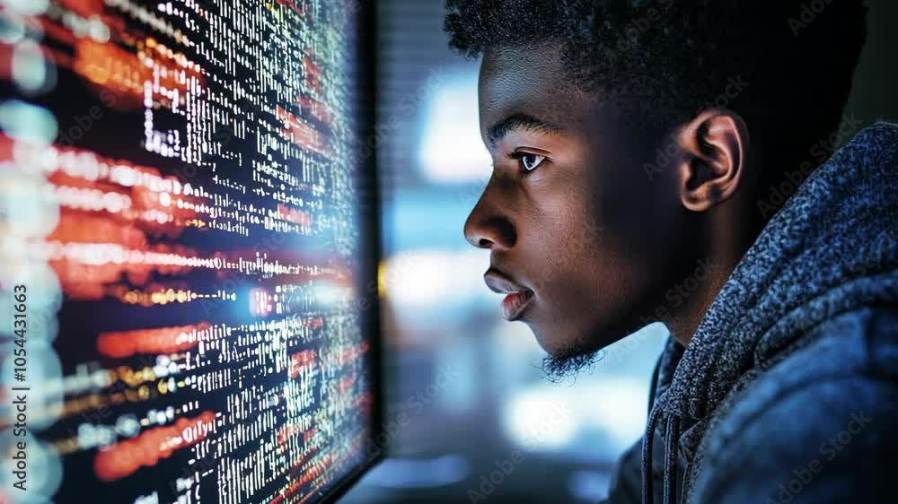 Poster a young man stares intently at a computer screen filled with code