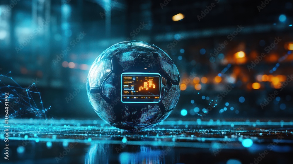 Aufkleber futuristic soccer ball with a digital display showing a graph, surrounded by a digital network.