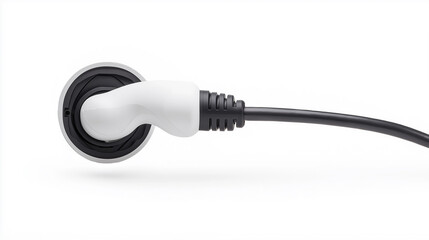 Electric car charging cable connected to charging port on white background, symbolizing sustainable transportation, electric mobility, eco-friendly technology, renewable energy, and environmental cons