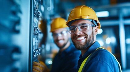Smiling Industrial Worker in Hard Hat and Safety Glasses, Students, Interns, College, Working Specialty