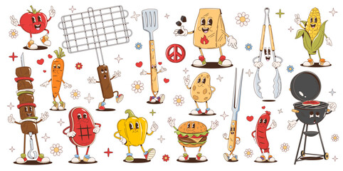 Bbq barbeque cartoon groovy characters. Retro hippie grilled meat food, vegetables and barbecue tools vector personages. Funky psychedelic bbq sausage, beef steak and burger, groovy grill characters