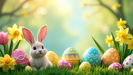 Easter background, include colorful decorated Easter eggs, spring flowers (tulips and daffodils), bunny. copy space in the middle, horizontal