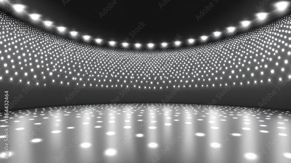 Poster a dark empty stage with spotlights shining down on a glossy floor.