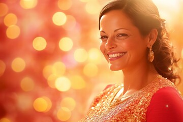 Smiling woman with soft warm bokeh lights radiating joy warmth and festive cheer capturing a moment of happiness and celebration