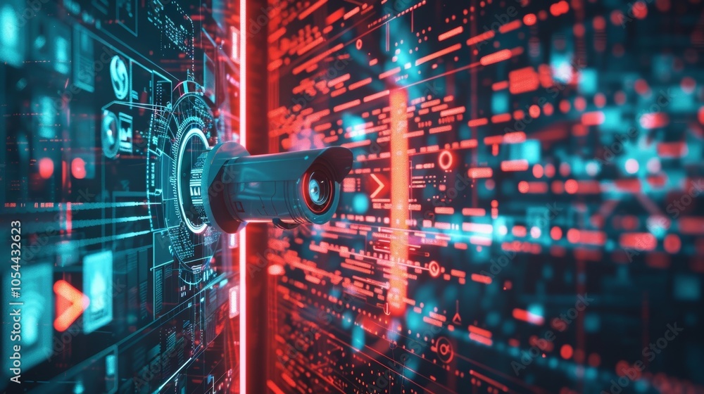 Poster futuristic server room with holographic data flow being monitored by a security camera, ensuring dat