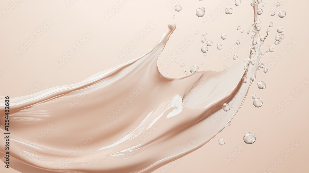 Poster fluid splash with bubbles on beige background, abstract art. minimalist design and creativity concep