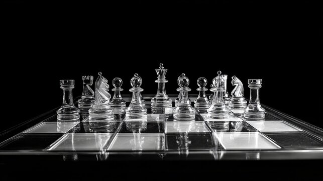 Glass chessboard with chess pieces on a black background.