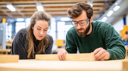 Young Couple Measuring Wood in Workshop DIY Project Home Improvement Woodworking Construction, Students, Interns, College, Working Specialty