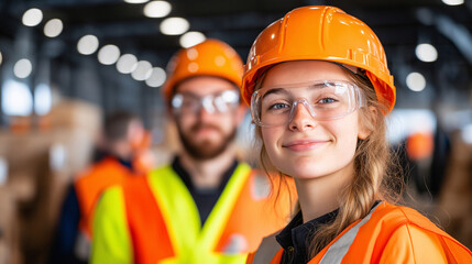 Confident Female Construction Worker in Hardhat and Safety Glasses, Students, Interns, College, Working Specialty