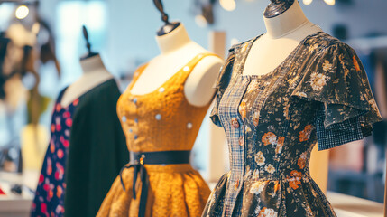 Fashion designer presenting new clothing designs on mannequins, bright and stylish studio, fashion show preparation, creative profession