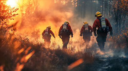 Firefighter team working together to extinguish a wildfire, teamwork in action, firefighter team, wildfire response